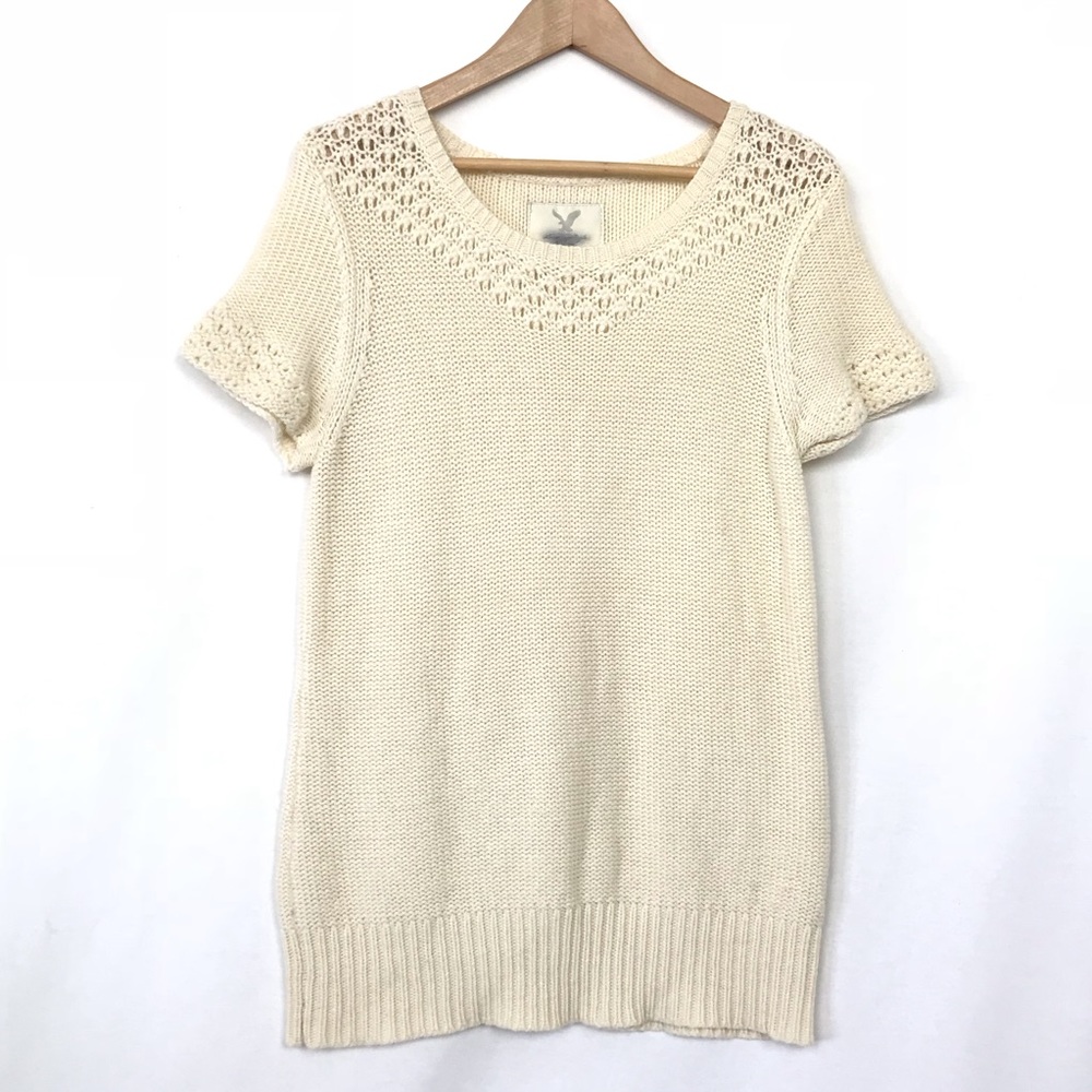 AEO ivory short sleeve mixed knit tunic sweater L